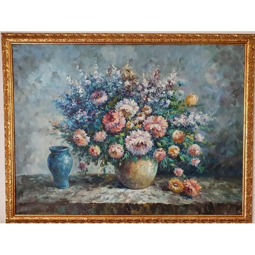 402 - W. Adams, (20th century), still life of a vase of flowers, signed, oil on canvas, 88 x 118 cm, gilt ... 