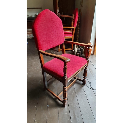 457 - An Edwardian set of five carved oak dining chairs, with arched upholstered backs and turned legs, to... 