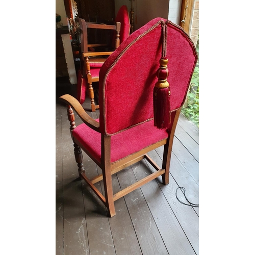 457 - An Edwardian set of five carved oak dining chairs, with arched upholstered backs and turned legs, to... 