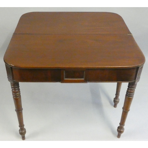 460 - A Victorian mahogany fold over side table, with extending leg, tapering turned legs 90 x 45 cm close... 