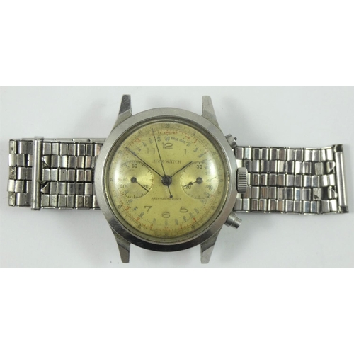 162 - Agir Watch, a stainless steel manual wind chronograph wristwatch, circa 1950's, the off white dial w... 