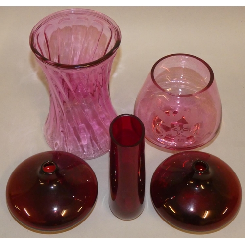 302 - Five pieces of Victorian cranberry glassware, to include a pair of squat vases, a slim wasted vase a... 