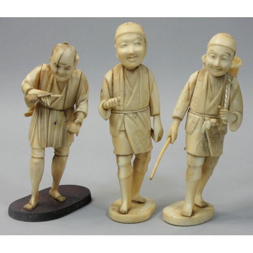 351 - A Japanese sectional Ivory Okimono, carved to depict a man with a basket, unsigned, height 13 cm, an... 