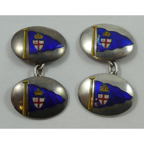 128 - Of Royal London Yacht Club interest; a pair of sterling silver and enamel cufflinks,20 x 13 mm,