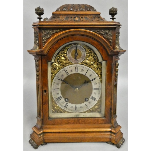 431 - A 19th century German walnut quarter striking bracket clock, by Lenzkirch, the 5 1/2" brass arched d...