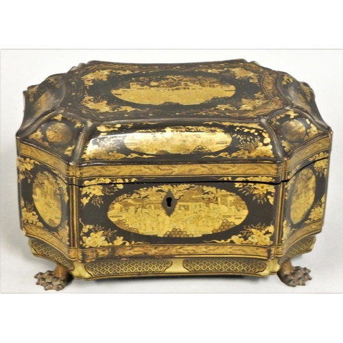 224 - A George III Chinoiserie papier maché tea caddy, of sarcophagus form with canted corners over ogee t... 