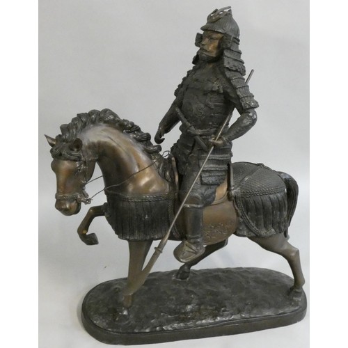 355 - A Japanese large bronze statue of a mounted Samurai warrior with lance, the base signed T. Mifune, h... 