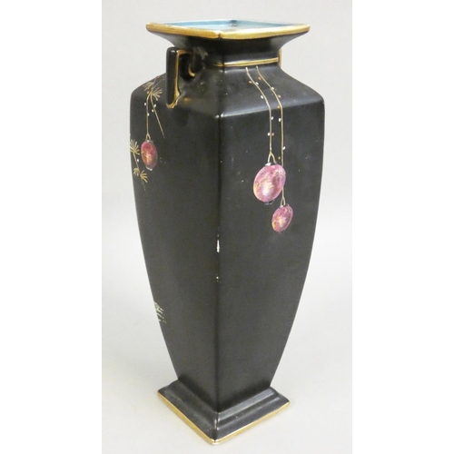 335 - A Staffordshire Japanese style vase, decorated with figures beneath lanterns on matt black ground wi... 