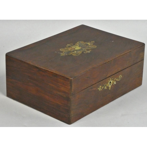 221 - A Victorian mahogany sewing box, with brass and abalone shell inlay, opening to reveal a drop down l... 