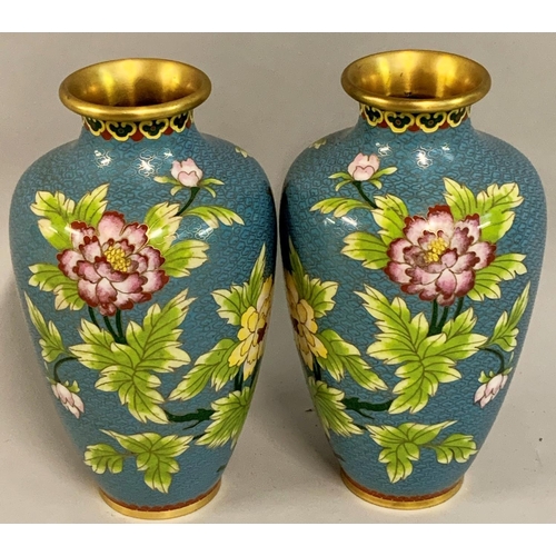 358 - A Japanese pair of cloisonné baluster vases, decorated with a bird on foliage, pale blue background,... 