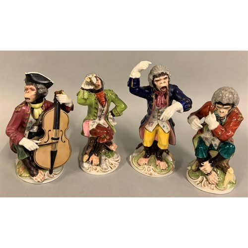 341 - A set of four late Dresden Monkey Band figures, crossed sword mark and impressed marks; conductor, 6... 