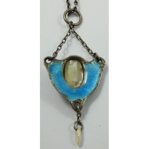 130 - A Continental silver, enamel and blister pearl pendant, unmarked, c. 1905, with pearl drop below, 2.... 