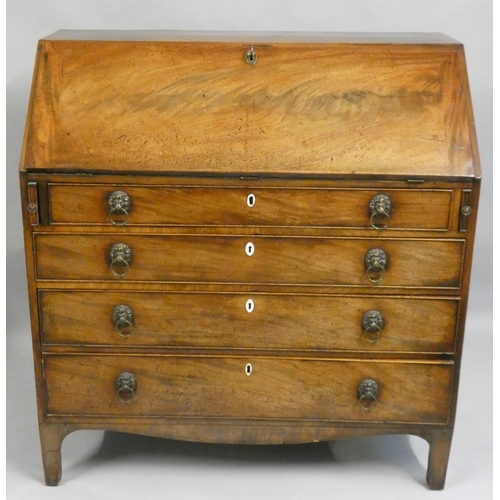 473 - A 19th century mahogany fall front bureau, opening to reveal a fitted interior, over four graduated ... 