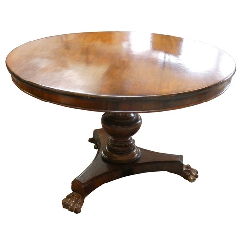 483 - A Victorian mahogany tilt top circular dining table, raised on a baluster column with trefoil legs t... 