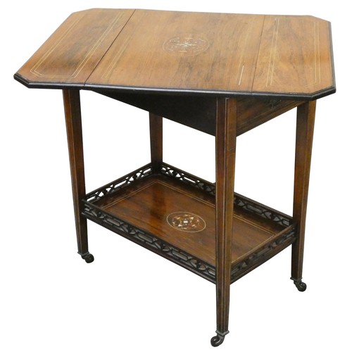 487 - An Edwardian rosewood drop leaf side table, the rectangular twist top with boxwood inlay, single fri... 