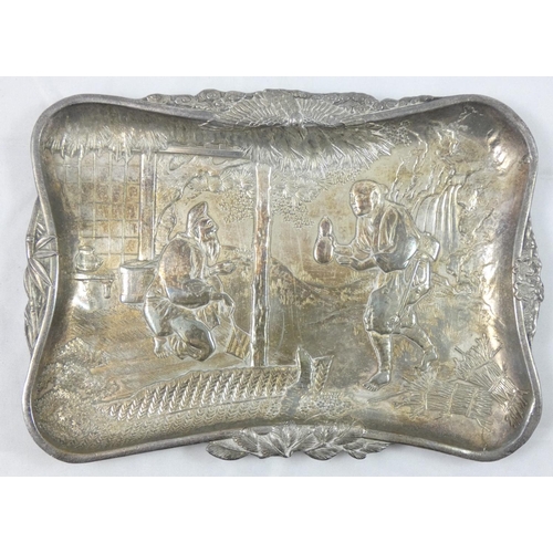 374 - A 19th century Chinese electroplated tray, embossed and cast with two two figures in a house by a wa... 