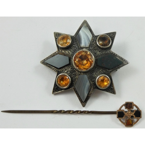 119 - A Victorian Scottish rose gold and agate stickpin, together with a Victorian Scottish silver quartz ... 