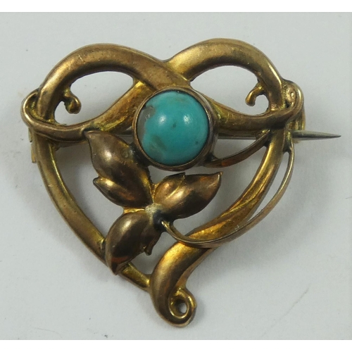 118 - An Edwardian 9ct gold Art Nouveau Brooch, Birmingham 1910, the openwork scroll set with a turquoise ... 