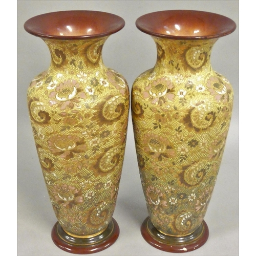 326 - A pair of Doulton and Slater Chine style vases, with gilded decoration on a yellow textured ground, ... 