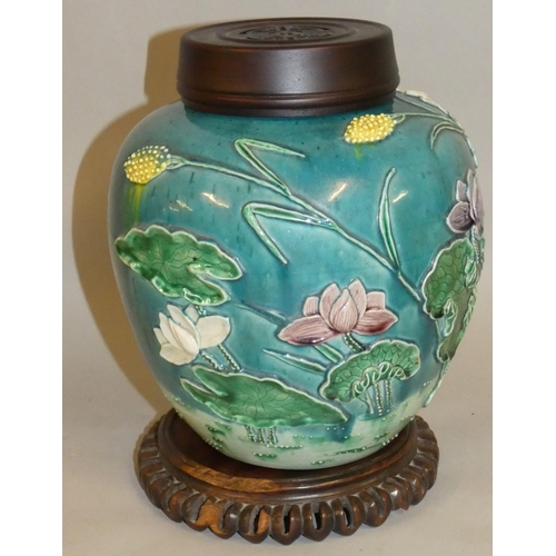 375 - A Chinese turquoise glazed vase, with applied polychrome crane amongst foliage decoration, four char... 