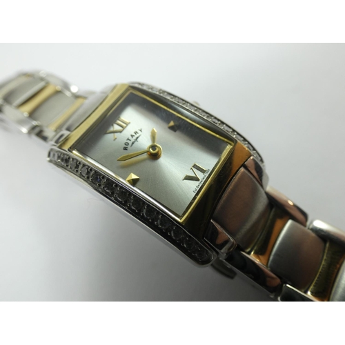 158 - A Rotary stainless steel and gilt metal ladies quartz wristwatch, c. 2012, with crystal set bezel, g... 