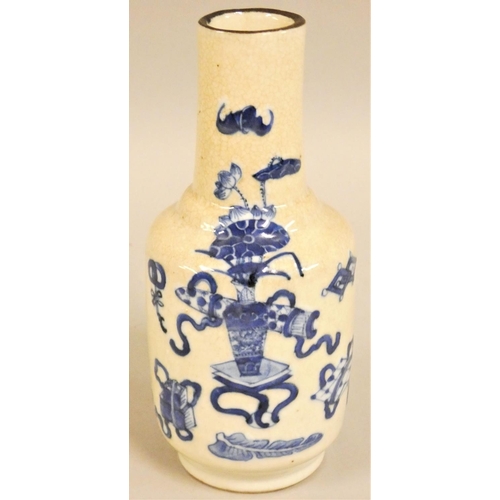 379 - A Chinese crackle finish blue and white vase, with vase of flowers decoration, four character mark t... 