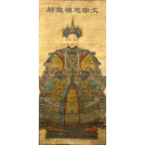 360 - A Japanese Meiji period kakemono scroll, depicting an Empress ancestor, character marks above, overa... 