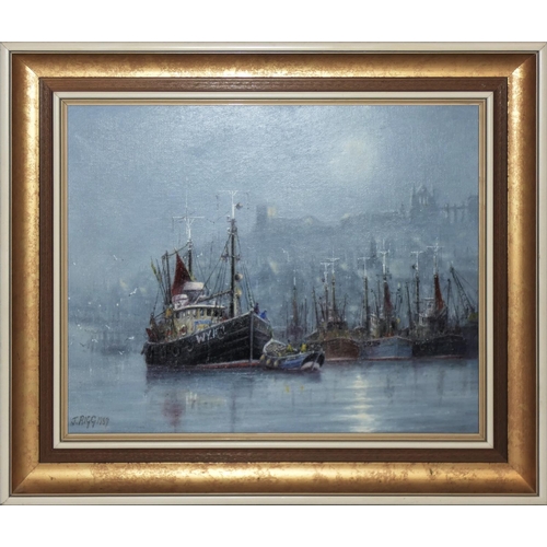 410 - Jack Rigg (b.1927), Welcome Break, moonlight Whitby harbour, oil on board, signed and dated 1989, 39... 