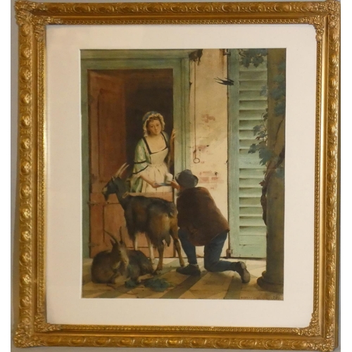 392 - Horace Van Ruith (1839 - 1923), Goatherder and maid, signed, watercolour, 45 x 34 cm.