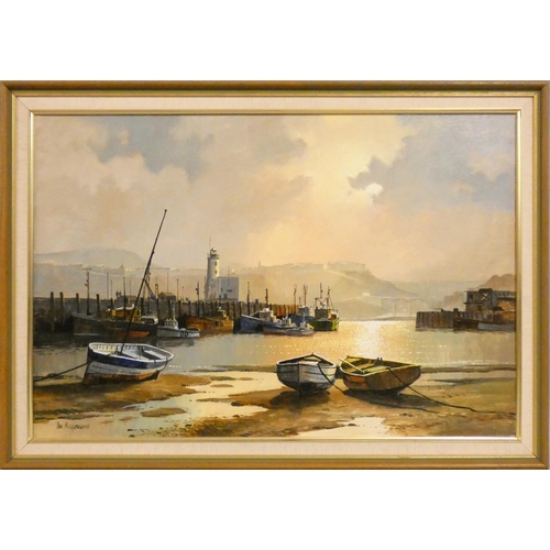 407 - Don Micklethwaite (b. 1936): Scarborough Harbour, signed, oil on canvas, 50 x 75 cm.