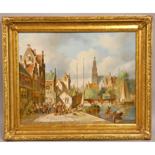 397 - John Haanstra (20th century) Dutch street/canal scene on market day, signed, oil on board, 39 x 49 c... 