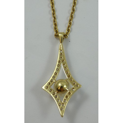 147 - An 18ct gold pearl and diamond pendant, the 8 mm cultured pearl, set in a navette frame, set with si... 