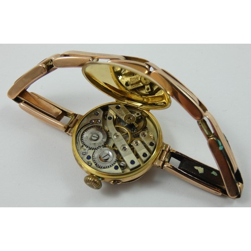 156 - A 9ct rose gold ladies manual wind wristwatch, London 1913, the silvered dial with Arabic numerals, ... 