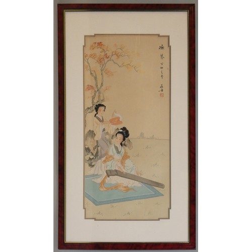 385 - A Japanese pair of wood block prints, depicting ladies, character marks, 64 x 30 cm, and a similar c... 