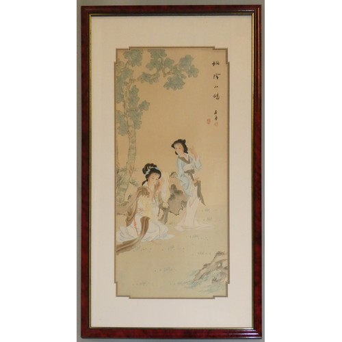 385 - A Japanese pair of wood block prints, depicting ladies, character marks, 64 x 30 cm, and a similar c... 