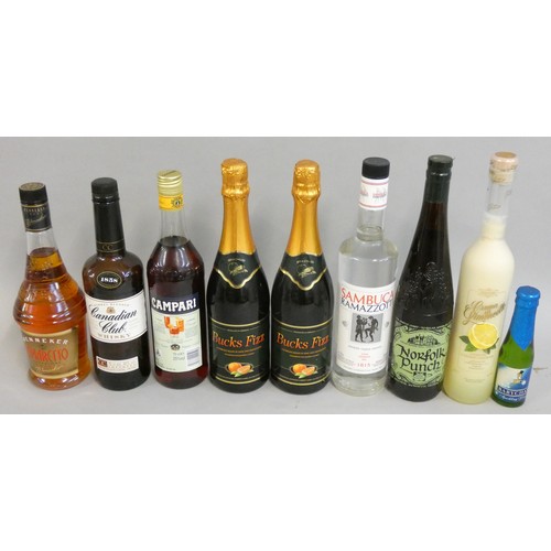 256 - Sambuca Liqueur 75cl, together with two bottles of Bucks Fizz, Campari, Amaretto, Limoncello, Norfol... 