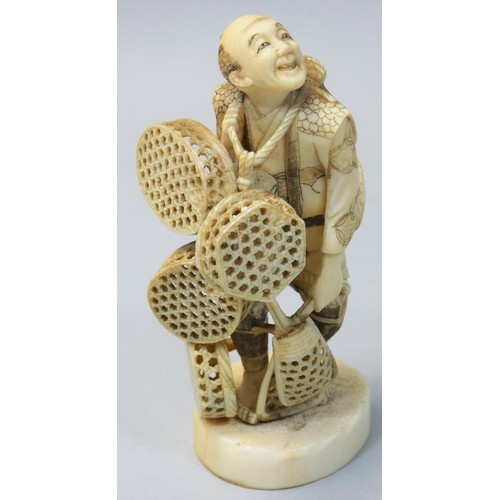 361 - A Japanese Meiji Period Ivory Okimono, by Toshimasa, in the form of a street vendor carrying baskets... 