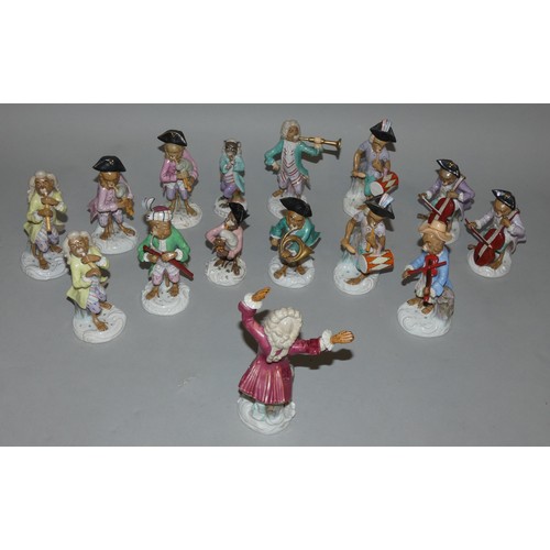 340 - A set of fourteen late Dresden Monkey Band figures, crossed sword mark, the conductor 17 cm together... 