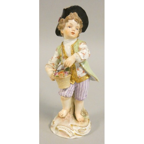 339 - A Dresden figure of a boy, carrying a pail of flowers, blue crossed swords mark, 13.5 cm.