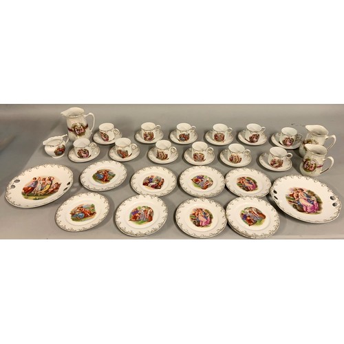 334 - A Continental late 19th century part dinner service, with pictorial decoration depicting cherubs, to... 