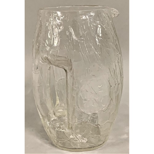 312 - Attributed to Koloman Moser for Loetz: a clear crackle glass jug of barrel form, with integral verti... 