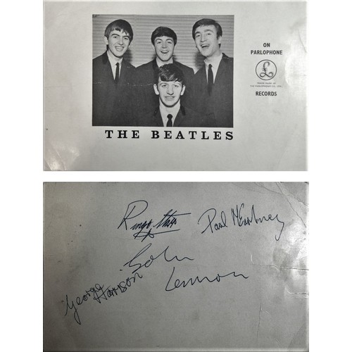 384 - Of Beatles interest - a group of four autographs, signed in blue biro on the back of a Parlophone Re...