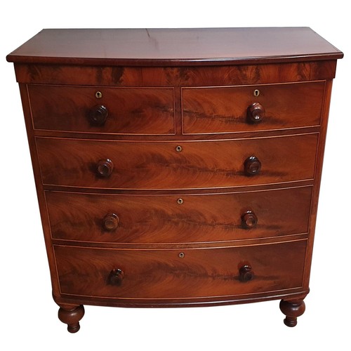 484A - A Victorian mahogany bow front chest of two short over three long drawers, bun handles, raised on ta... 