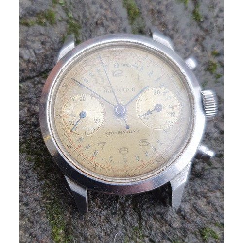 162 - Agir Watch, a stainless steel manual wind chronograph wristwatch, circa 1950's, the off white dial w... 