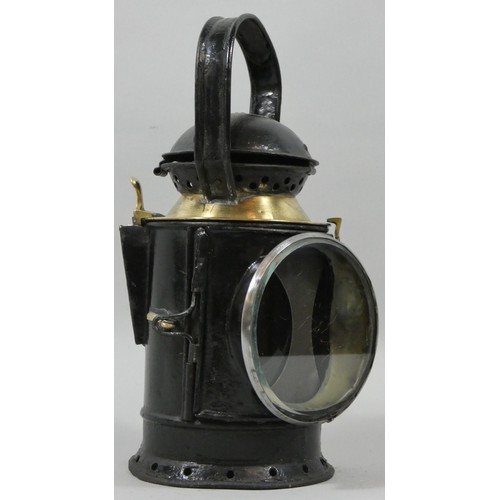 253 - A BR (W) three aspect black painted hand held lamp, with glasses, no burner, 30 cm.