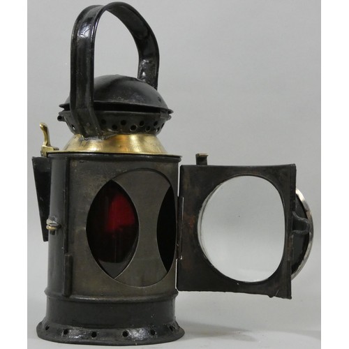 253 - A BR (W) three aspect black painted hand held lamp, with glasses, no burner, 30 cm.