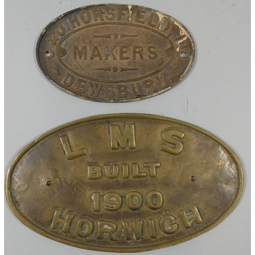 199 - A replica oval brass works plate, L.M.S. built 1900 Horwich, 15 x 25 cm together with another, J & J... 