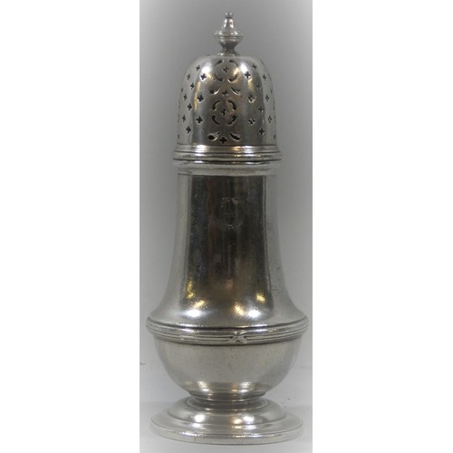 115 - A L.M.S. Hotels electroplated baluster sugar castor, by Elkington & Co. with screw cap, 17 cm.