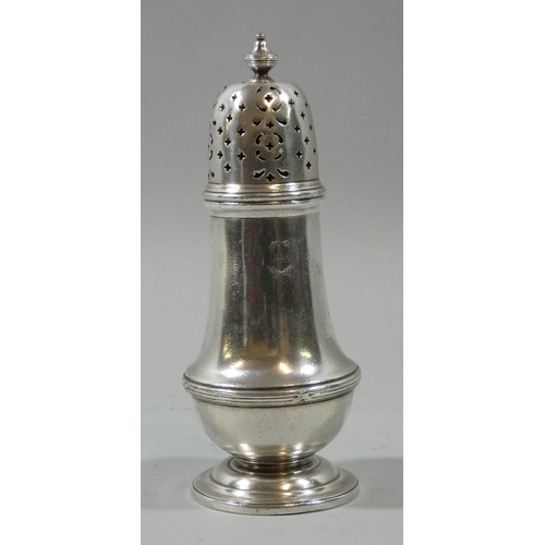 115 - A L.M.S. Hotels electroplated baluster sugar castor, by Elkington & Co. with screw cap, 17 cm.