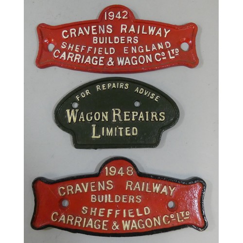 201 - Three cast iron wagon plates, Cravens, (Sheffield) 1942, Cravens (Sheffield) 1948 and Wagon Repairs ... 